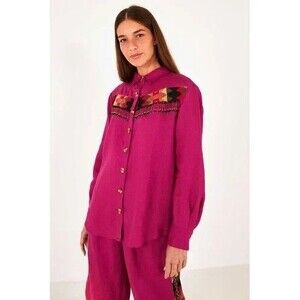 Farm Rio womens Linen Shirt Blouse Top size Small Hot Pink Beaded Fringe $190